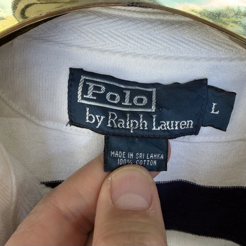 Polo Ralph Lauren Shirt‎ Mens Large Navy White Striped Rugby Cotton Vintage 90's